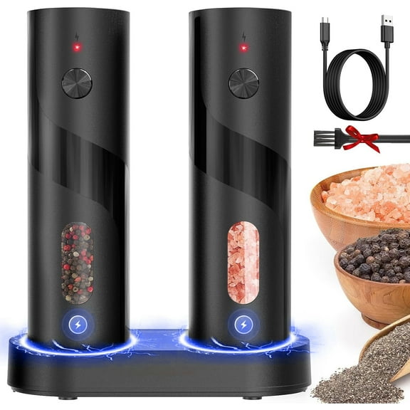 BN-LINK 2Pack Electric Pepper and Salt Grinder Set, Rechargeable Salt and Pepper Mill with LED Light, Charging Base & Adjustable Coarseness, One Hand Automatic Operation, for Kitchen, Outdoor, Black