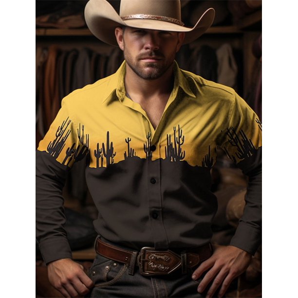 Camisa estilo occidental vintage para hombre, estilo vaquero con cactus, camisa estilo western, camisa informal de calle para exteriores, camisa de manga larga para otoño e invierno