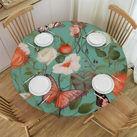 

Autua Flowers Butterflies Whimsical Round Tablecloth Stain Resistant Washable for Indoor Outdoor Kitchen Dining Wedding Parties 100% Polyester Tablecloths 42 -46
