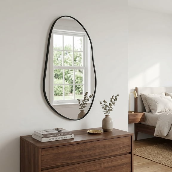 32" x 16.5" Irregular Wall Mirror, Matte Black Aluminum Framed Asymmetrical Vanity Mirror with Tempered Glass for Bathroom, Entryway
