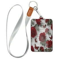 PU Leather ID Badge Holder Stylish Badge Holders with Lanyard (4.3x2.8x0.3in) for Cards & Credentials Roses and Butterflies Pattern