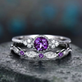 thumbnail image 3 of Bague en Zircon bleu Vintage pour femmes, couleur argent, mode classique, mariage, motif violet, ensemble de bijoux, cadeau, 2 pièces, 3 of 3