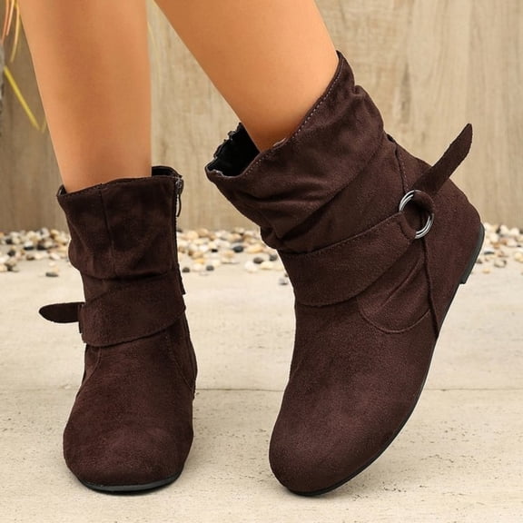 Domuza Women Slouchy Ruched Ankle Boots with Buckle Strap, Hidden Wedge Heel Faux Suede Side Zipper Casual Short Boots for Autumn Winter Daily Commuting Walking Coffee 10(EU-43)
