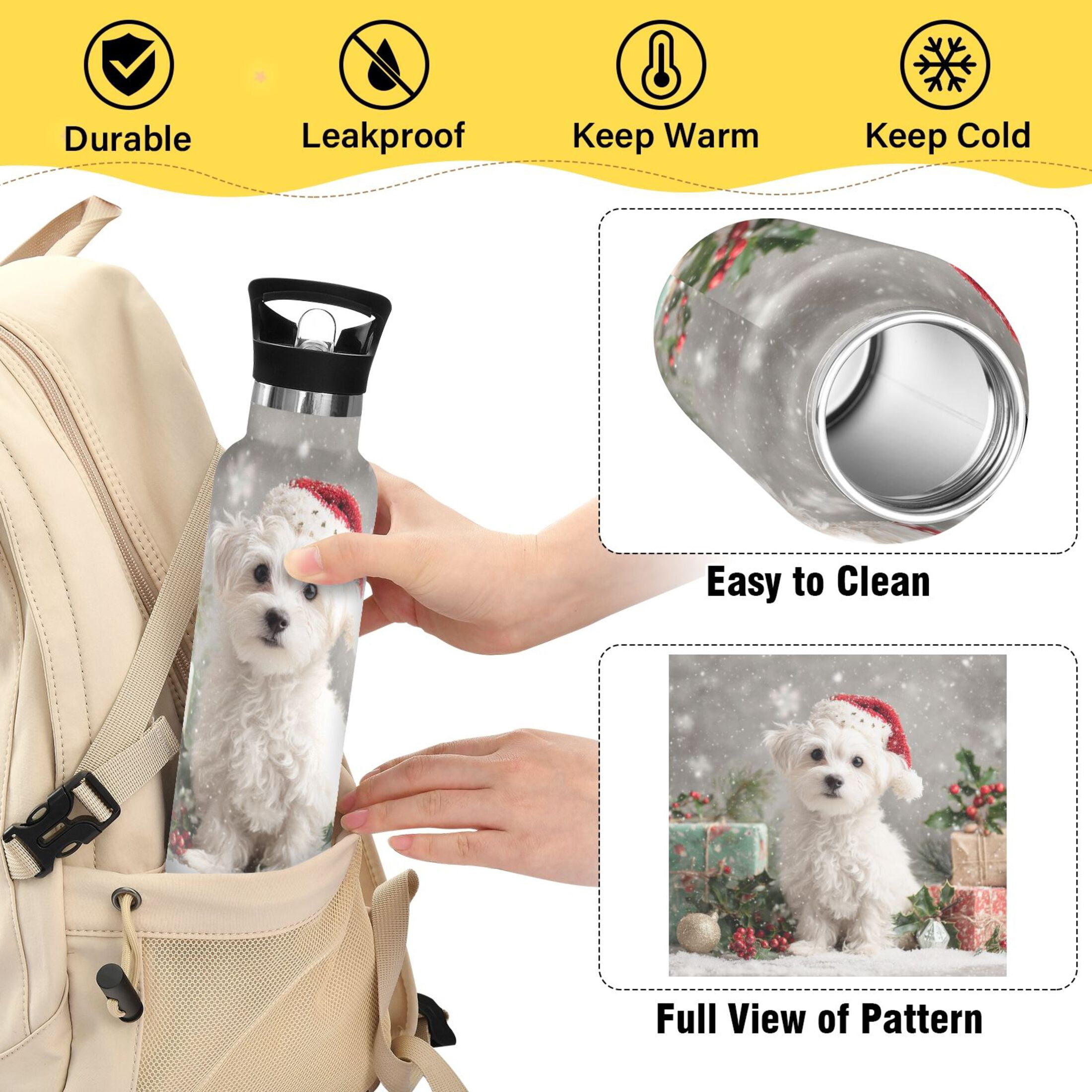 600ML Stainless Steel Insulated Cup Sports Water Bottle Portable Thermos Cup Water Glasses Insulated Tumblers Convenient and Durable Warm Christmas White Dog