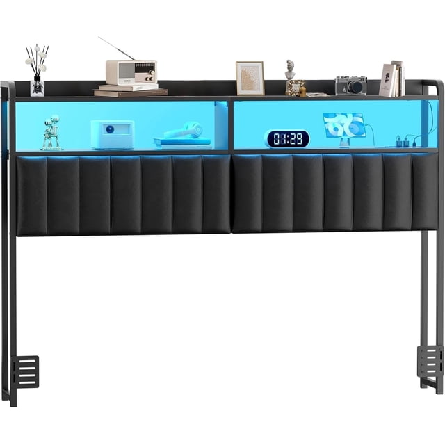 Cabeceras para Cama Queen Size, Cabecero Tapizado con Estación de Carga Y Luces RGB LED, Cabecero con Almacenamiento, Solo Tablero de Tamaño Completo, Altura Ajustable, Reversible (Queen)
