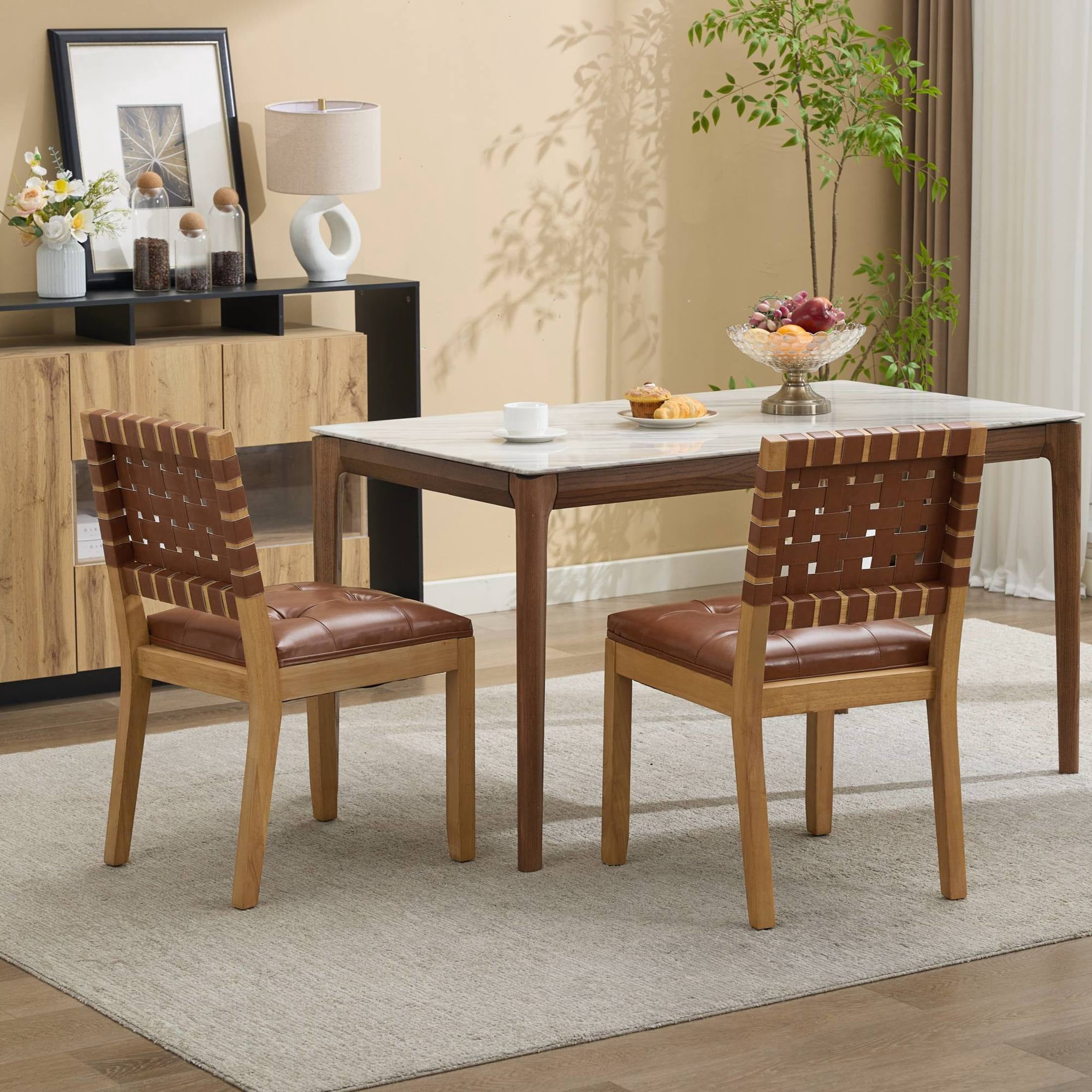 GDF Studio 22" Dining Chairs Set of 2 with Woven PU Leather Back & Button-Tufted Seat, Brown