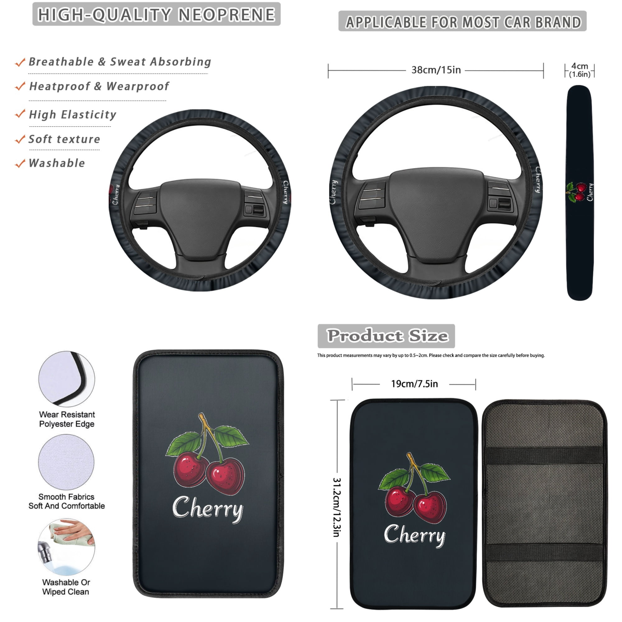Jeiento Cute Cherry Car Seat Covers Full Set Auto Interior Accessories 13 Pcs Car Accessories with Steering Wheel Cover, Seat Belt Pads, Armrest Cover, Keychains, Lipstick Holder, Universal Fit