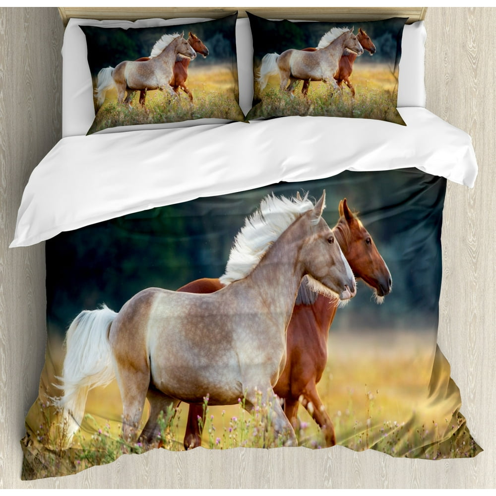 Farm Animal Duvet Cover Set King Size, Picturesque Palomino and Chestnut Horse Run Fast at