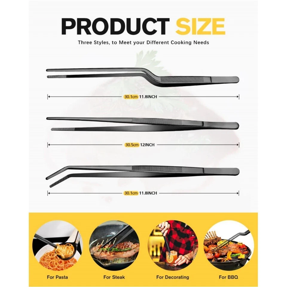 CIRCLE- Fine Cooking Tweezers Set,Professional Stainless Steel Food Tongs,Kitchen Black