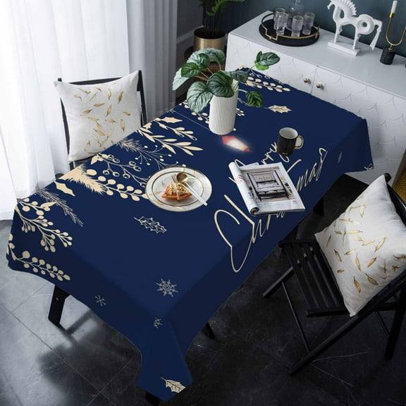 Navy Blue Christmas Tablecloth Rectangle Table Cloths 54x108 , Waterproof Tablecloth Outdoor Table Cloth, Botanical Snowflake Xmas Vintage Washable Table Cover for Kitchen Dining Party