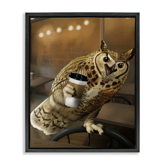 Stupell Industries Owl with Coffee Cup Food & Beverage Painting Black Floater Framed Canvas Art Print Wall Art, 17 x 21