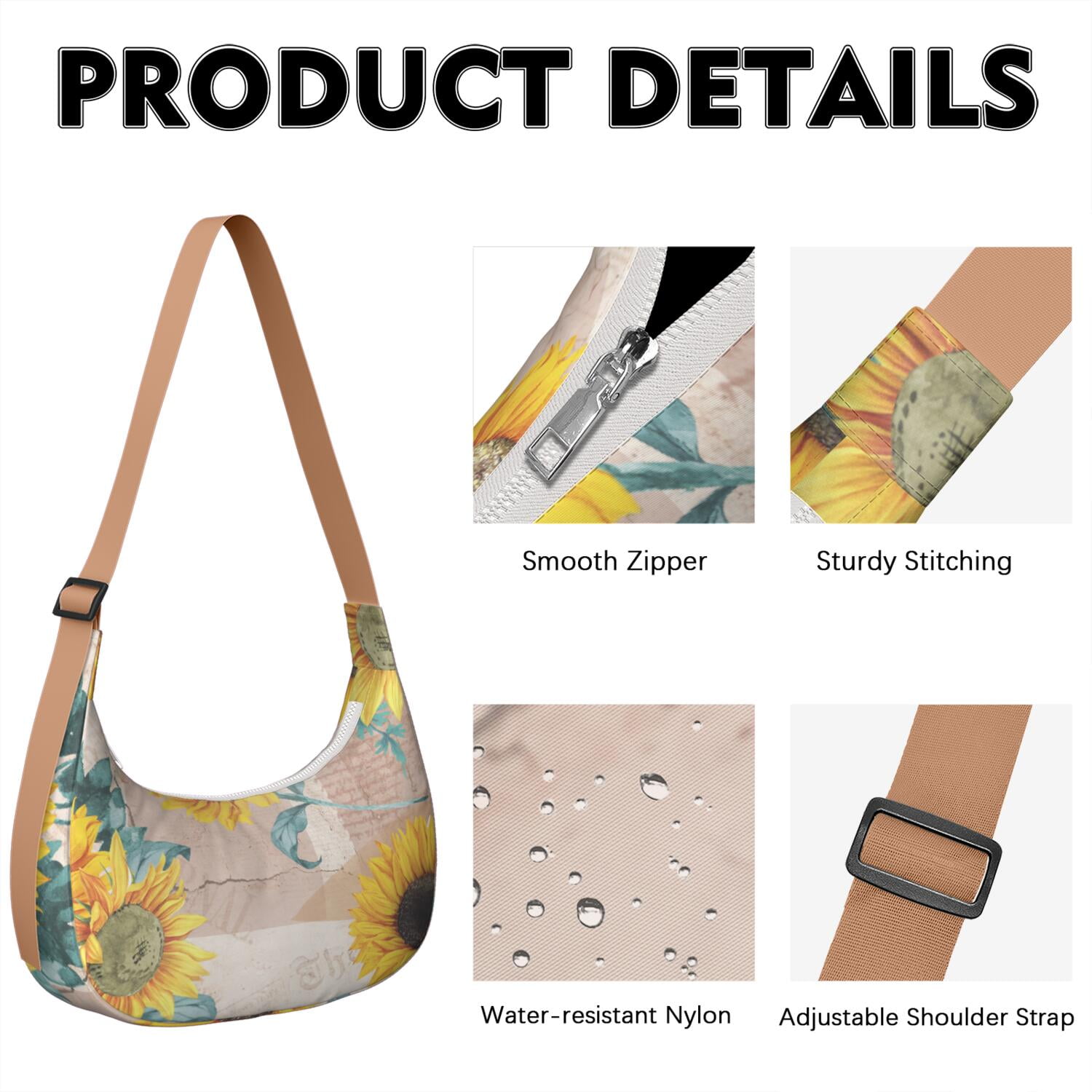 Casual Crossbody Purse for Women – Lightweight & Spacious, Boho Sunflower and Butterfly Floral Print, Rustic Vintage Country Style, Water-Resistant Durable Purse