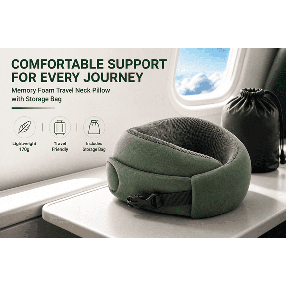 Memory Foam Travel Neck Pillow with Storage Bag, Lightweight U Shaped Pillow with Adjustable Strap for Airplane, Car Trips and Office Use
