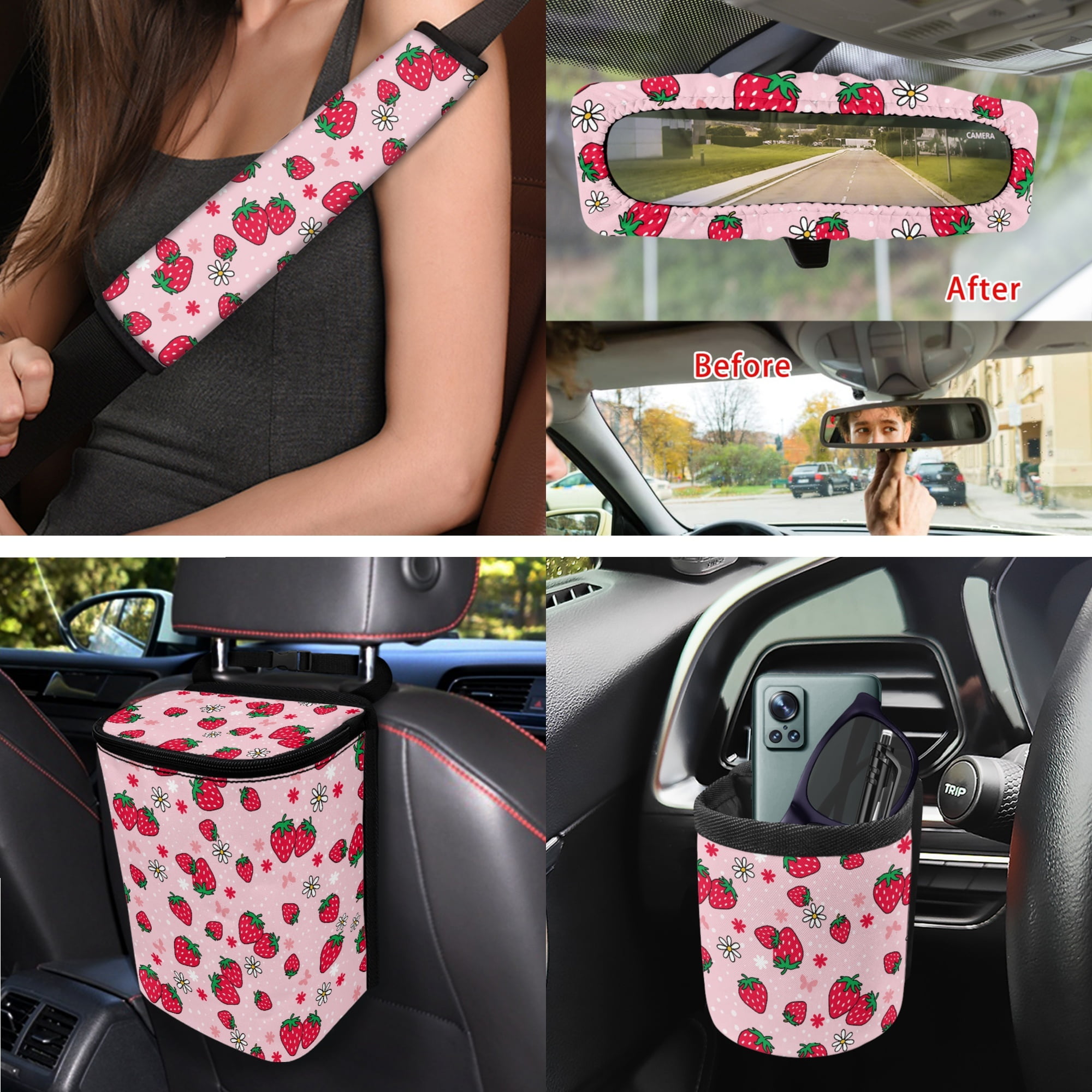 Yuyamidu 15 PCS Strawberry Car Seat Cover Set Pink Steering Wheel Cover Seat Belt Pad Cover Trash Bin Rear View Mirror Cover Cup Holders Keychain Air Vent Storage Holder Car Decor