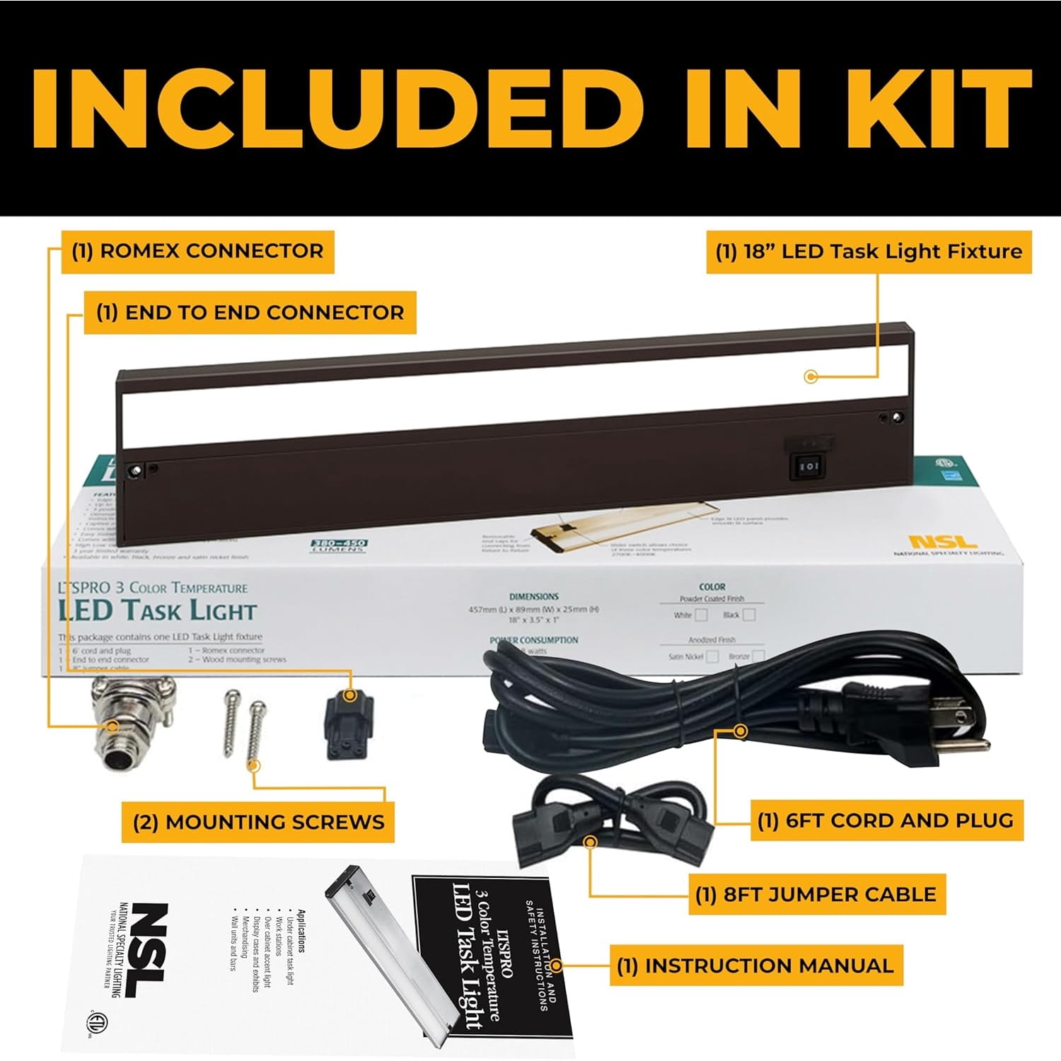 LED Under Cabinet Lighting Hardwired - 3CCT 18 Inch Bronze Finish - Undercabinet Lights for Kitchen - Linkable Undercounter Dimmable Plug in Light or Hard Wired - Under Counter Fixture Direct Wire