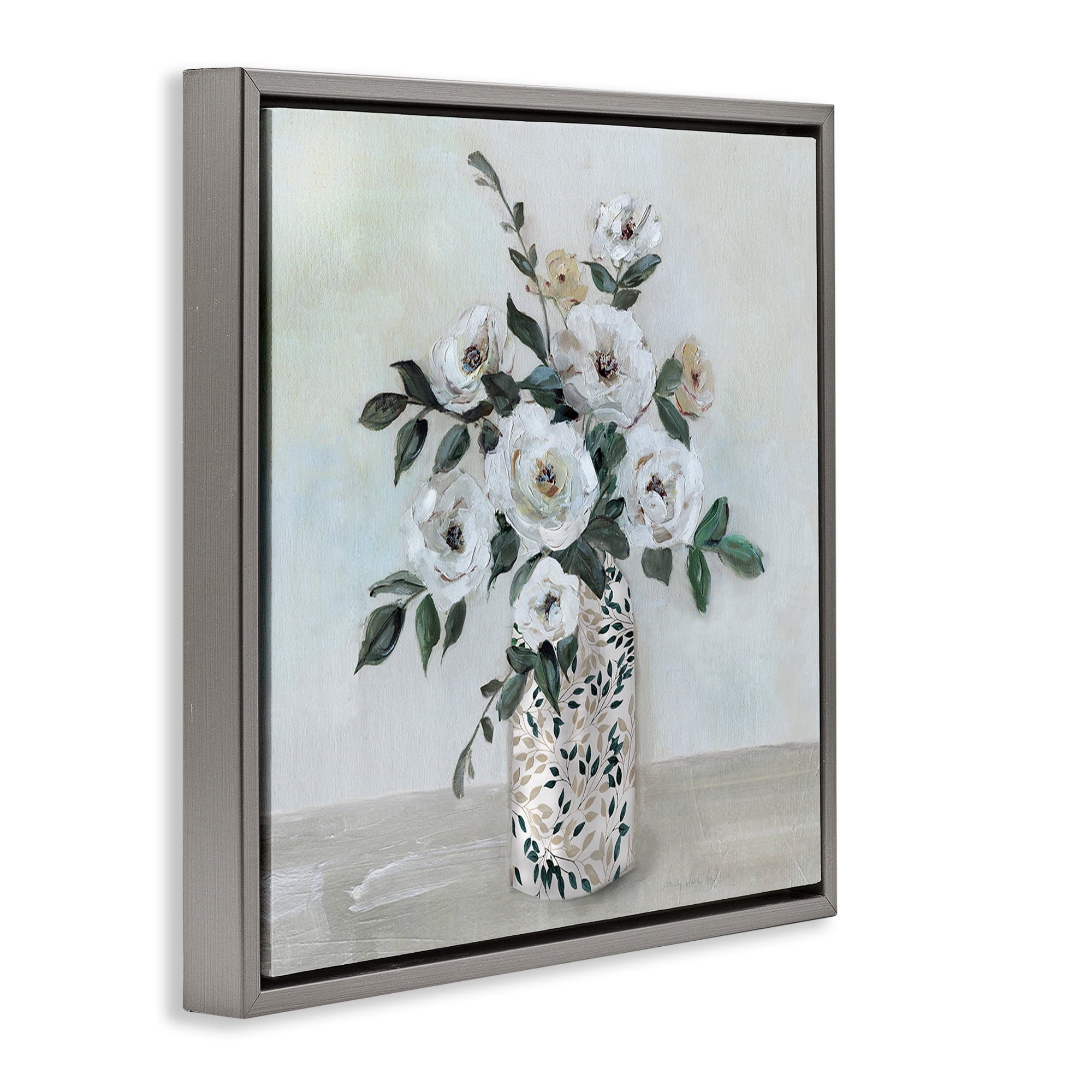 Stupell Industries Leaf Patterned Flower Vase Gray Framed Floater Canvas Wall Art, design by Sally Swatland