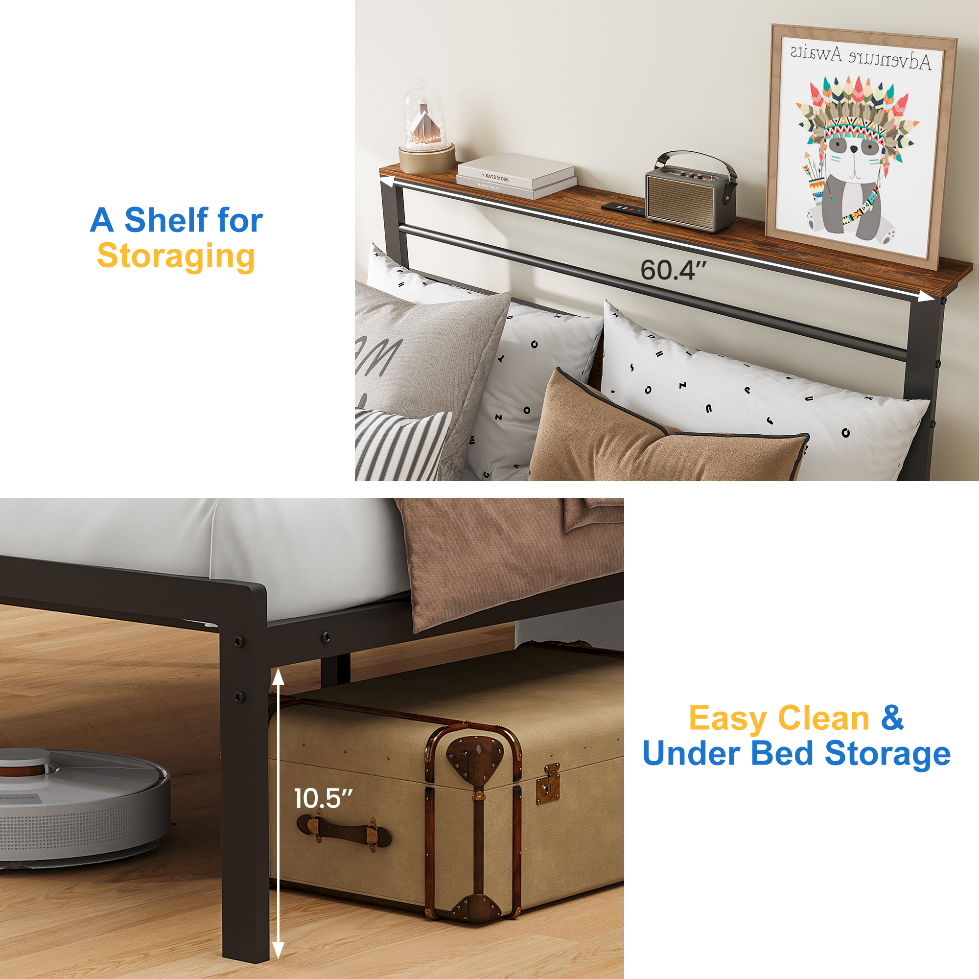 May in Color Queen Bed Frame with Upholstered Headboard, Metal Platform Bed with USB Charging Station, Easy Assembly, No Box Spring Needed