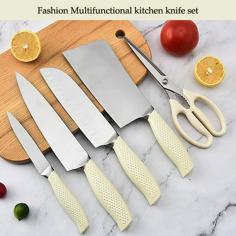 Knives Set with Block, 6-Pieces White Ultra Sharp Stainless Steel Chef Knife  Set with Universal Knife Block, Diamond-shaped Texture Non-slip Handle Knife  Set with Gift Box 