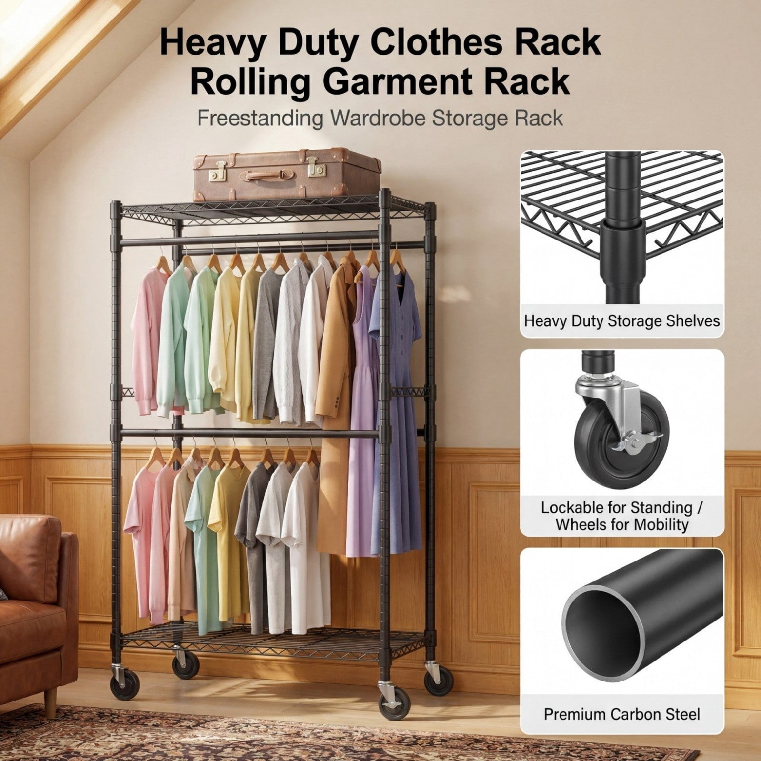 Sailvan Heavy Duty Rolling Clothing Rack, 300LBS Capacity Garment Rack with 4 Hanging Rods & 2 Shelves, Portable Closet, 35.5"W x 80"H,Black