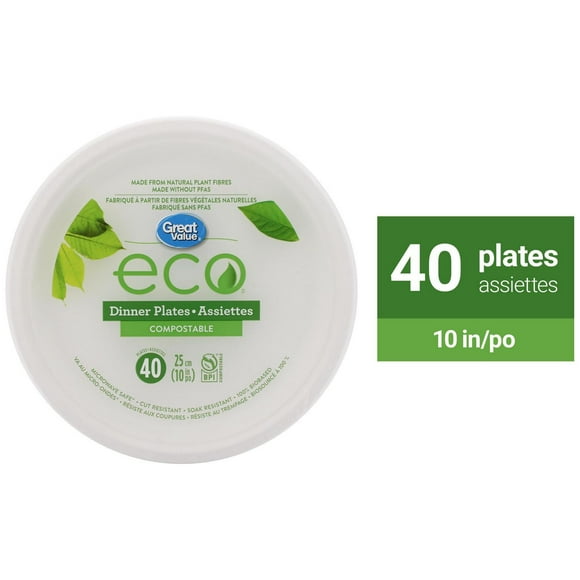 Great Value Eco Compostable Dinner Plates, 40 Plates