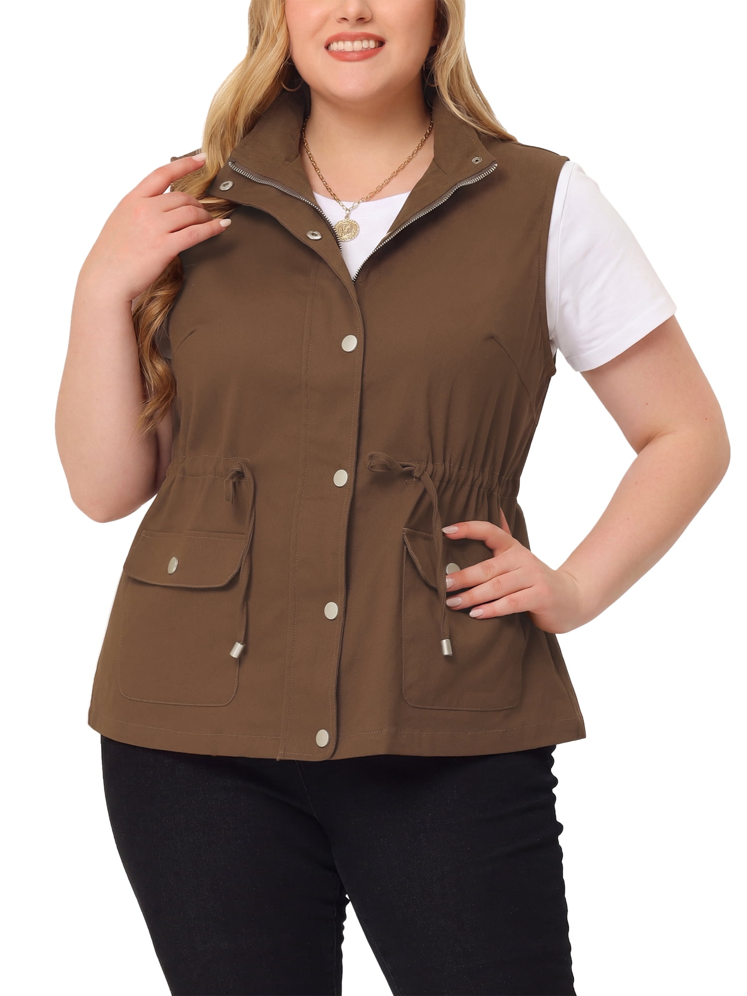 DARING DIVA Women's Plus Size Lightweight Sleeveless Anorak Cargo Vest 2X Brown