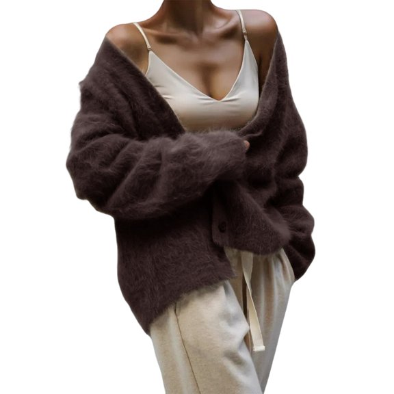 Fuzzy Cardigan Sweaters for Women V Neck Button Down Soft Knit Sweater Long Sleeve Cardigan Sweater Coat Dark Brown S