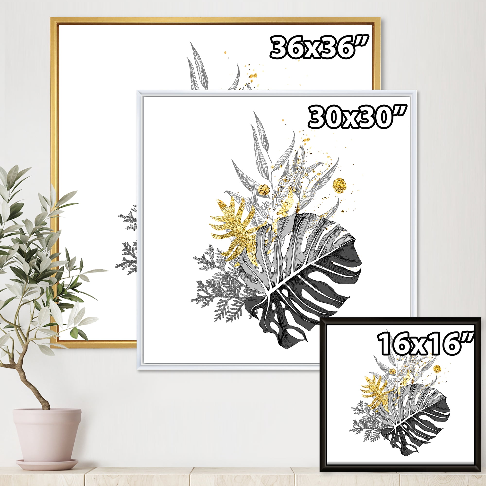 Designart 'Bouquet With Golden Tropical Leaves and Monochrome' Tropical Framed Canvas Wall Art Print