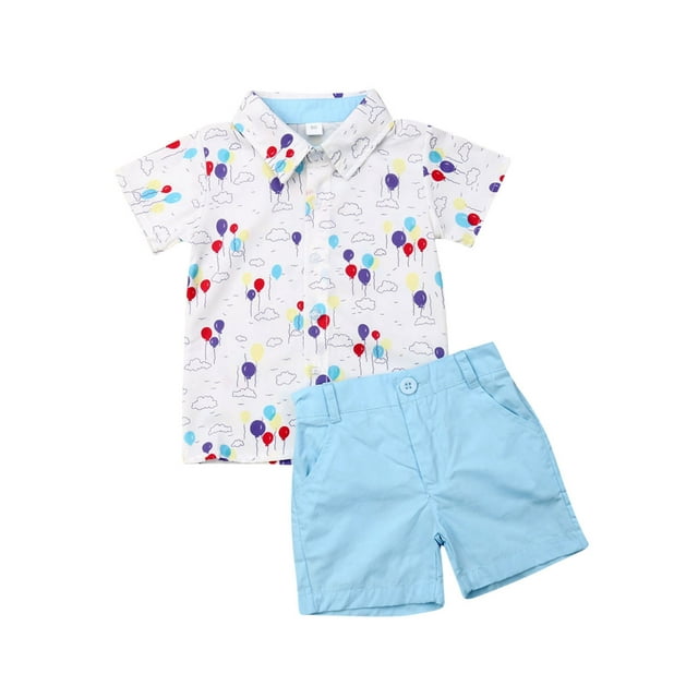 ITFABS Baby Boy's Short Sleeve Balloon Print Button Down Shirt + Blue Shorts