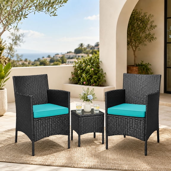 3 Pieces Patio Porch Furniture Set, Outdoor PE Rattan Wicker Conversation Set with Soft Cushions, Glass Coffee Table & 2 Chairs for Garden/Deck/Courtyard/Poolside, Black/Cyan