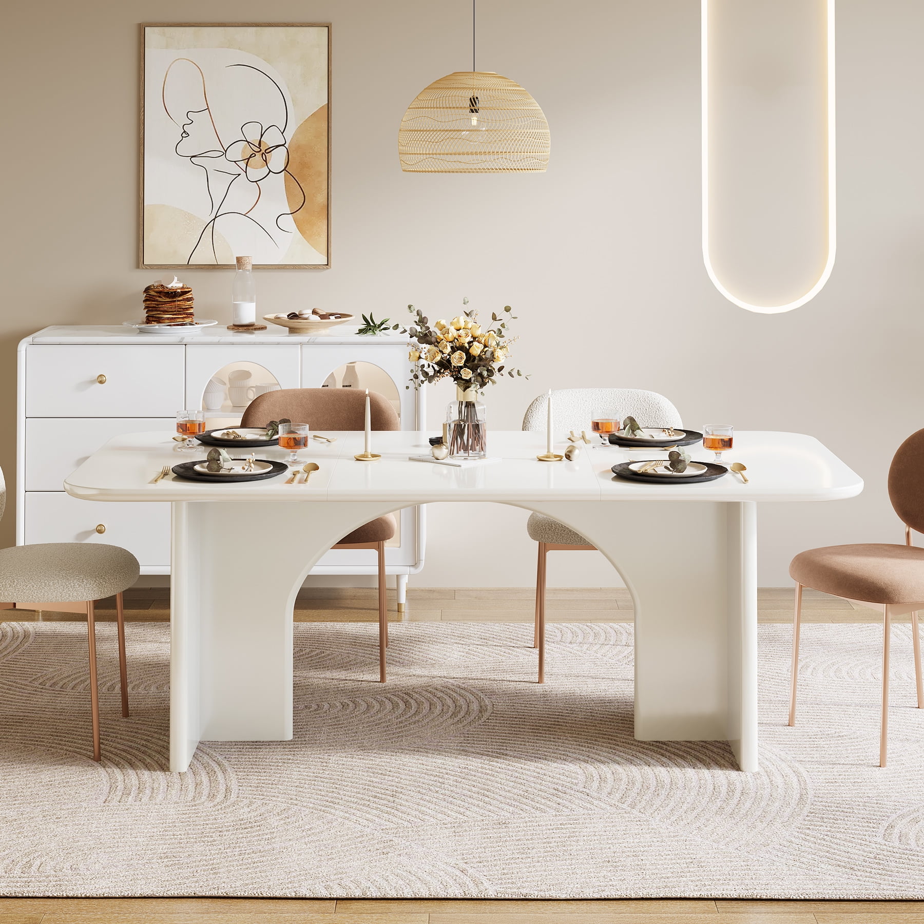 Tribesigns Modern Dining Table for 4-6 People, 63" Large Rectangle Kitchen Table with Arch Design Legs, Cream White Dinner Table Kitchen & Dining Room Furniture