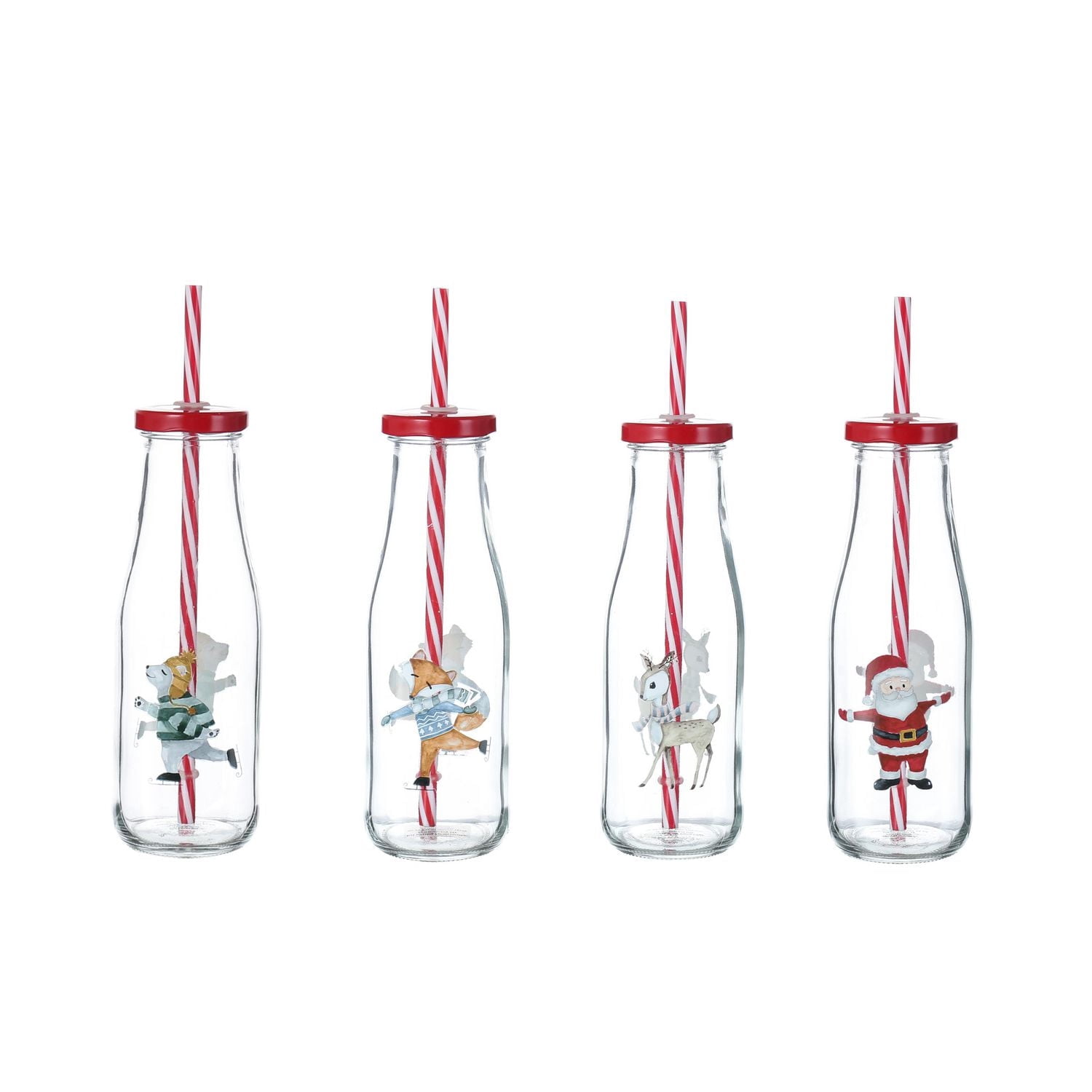 HOLIDAY TIME 14.88 oz Glass Bottle with red lid & straw<br>XMAS DESIGN PATTERN - SANTA