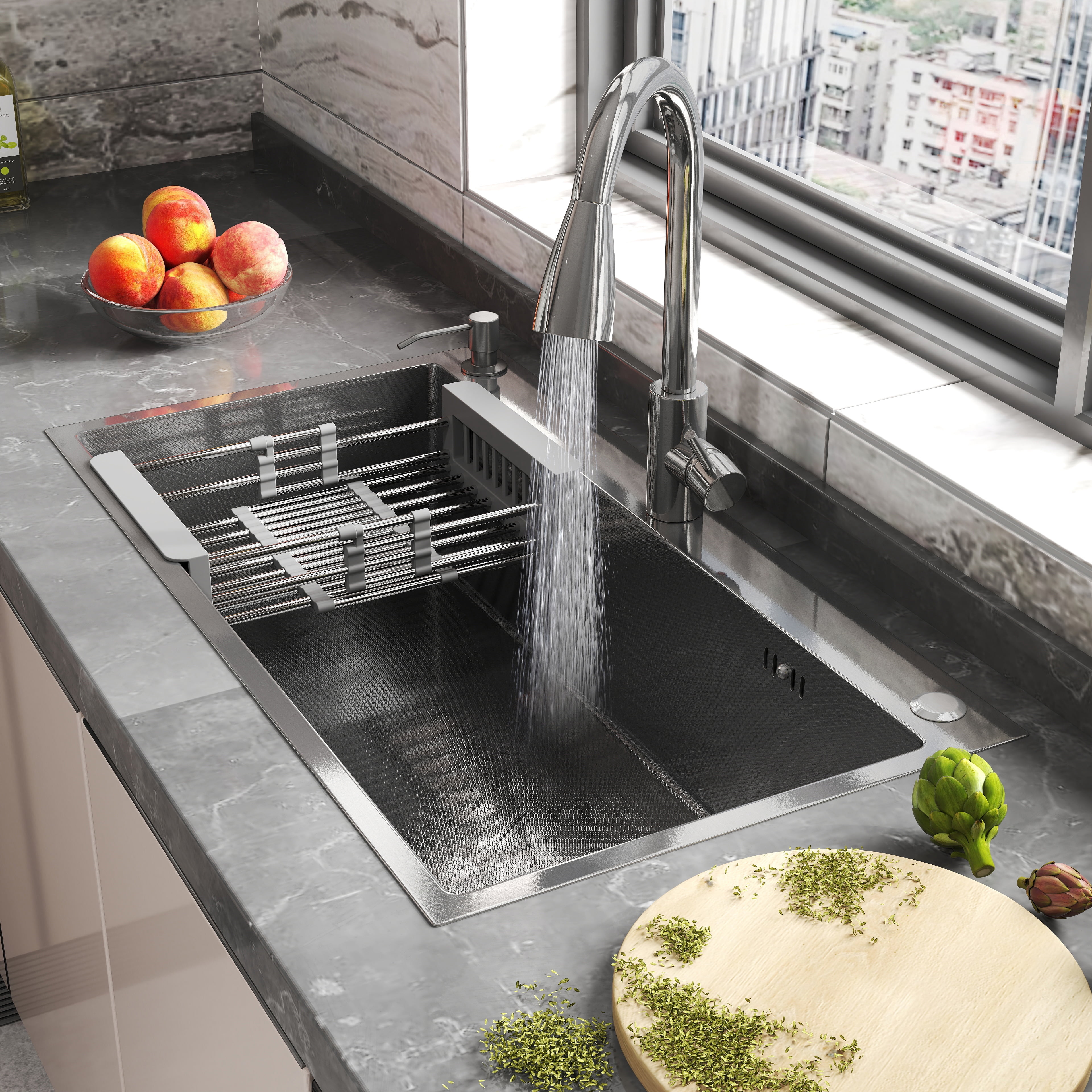 Abunitt 30x18x8 inch 304 Stainless Steel Kitchen Sink,X-Shaped Drain, Topmount Drop-in Workstation with Pull-out Faucet & Accessories,Brushed Silver