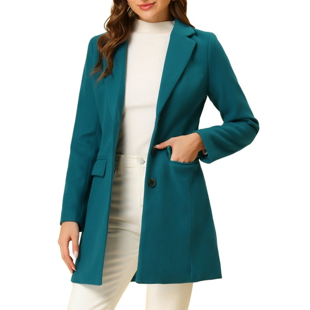 INSPIRE CHIC Manteau pour Femme Couleur Unie Revers Cranté Simple Boutonnage Caban d'Hiver Bleu Lac m