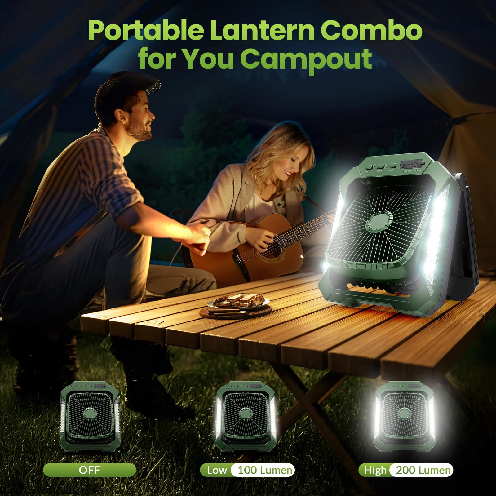 Veubew Camping Fan with LED Lantern, 26800mAh Portable Rechargeable Outdoor Fan with 18W Detachable Solar Panel, Battery Powered Desk Fan for Travel, Hiking, Fishing, Picnic, Green