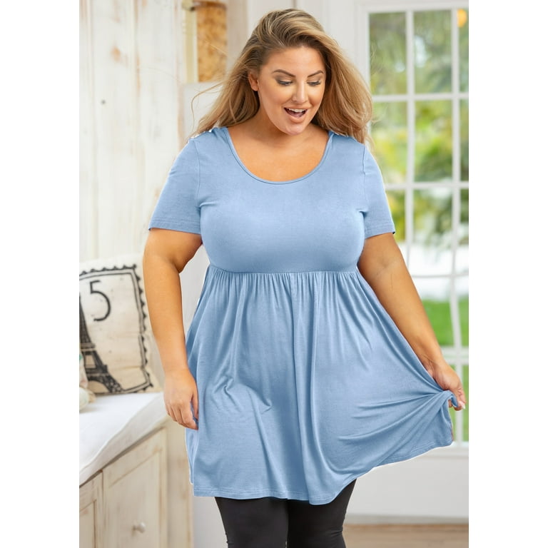 SHOWMALL Plus Size Clothes for Women Short Sleeve Light Blue 2X Crewneck  Summer Tunic Dress Pleated Flowy Maternity Loose Fit Babydoll T Shirt 