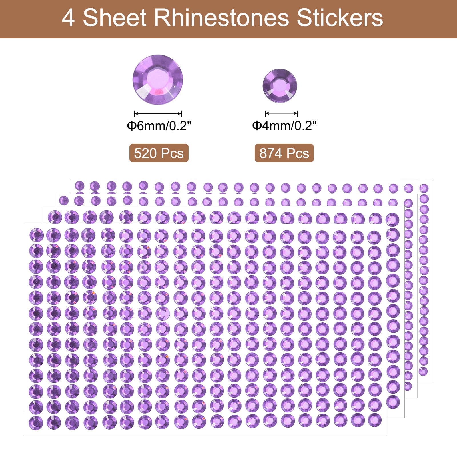 Unique Bargains 4 Sheet Self-Adhesive Rhinestone Stickers 1394Pcs 4mm/6mm Light Purple