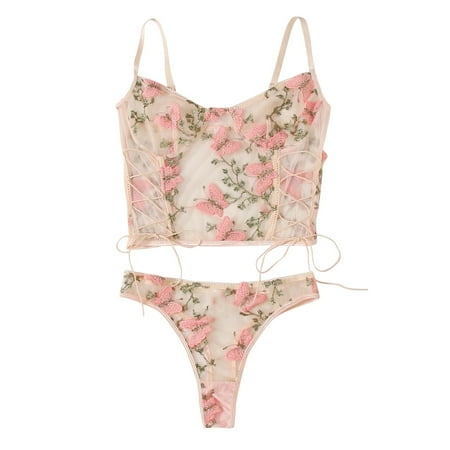 

Flowers Embroidery Bralette Lace Bra Bustier Lingerie Thong
