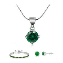 Paris Jewelry 18k White Gold 6 Ct Round Created Emerald Necklace, Earrings and Bracelet Set Women plated