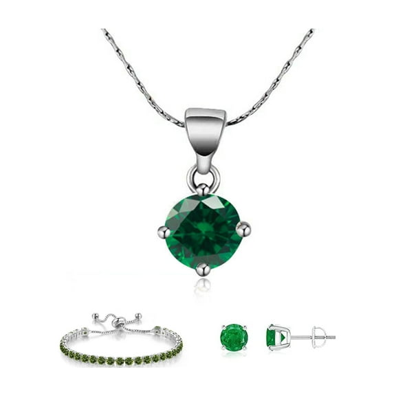 Paris Jewelry 18k White Gold 6 Ct Round Created Emerald Necklace, Earrings and Bracelet Set Women plated