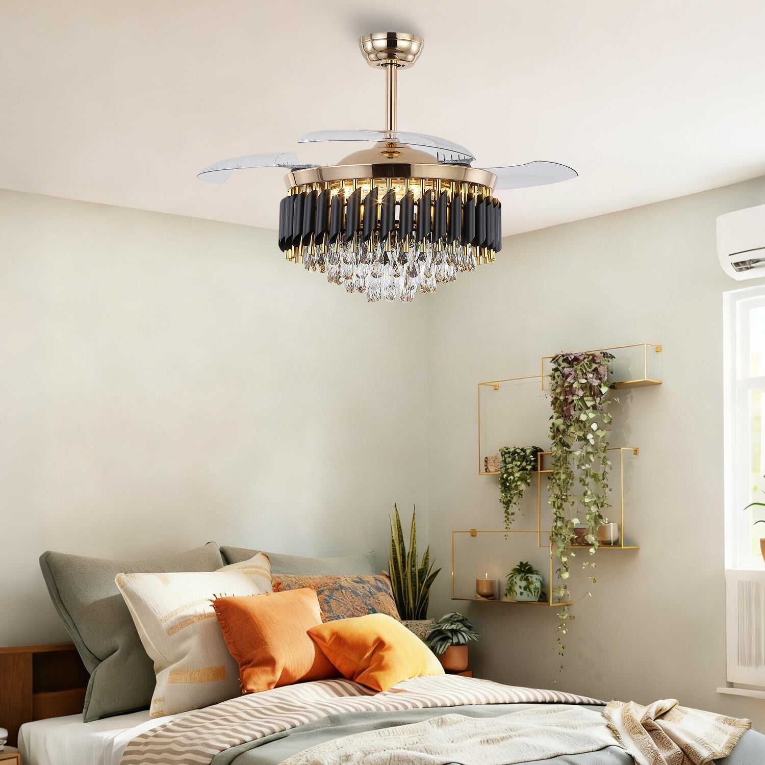 PHORUS 48" Invisible Crystal Ceiling Fan with Light, Quiet DC Motor 6-Speed Dimmable Fan with Remote Control, Retractable ABS Blades and Timer for Bedroom Living Room,Gold