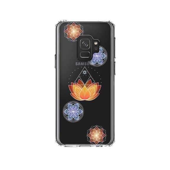 DistinctInk Clear Shockproof Hybrid Case for Samsung Galaxy S9 (5.8" Screen) - TPU Bumper, Acrylic Back, Tempered Glass Screen Protector - Lotus Flower and Mandalas