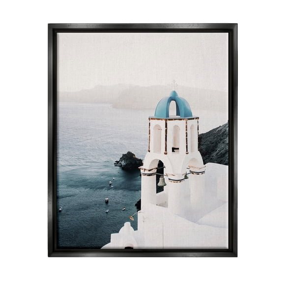 Stupell Industries Santorini Bell Tower Landscape Photography Black Floater Framed Canvas Art Print Wall Art, 17 x 21