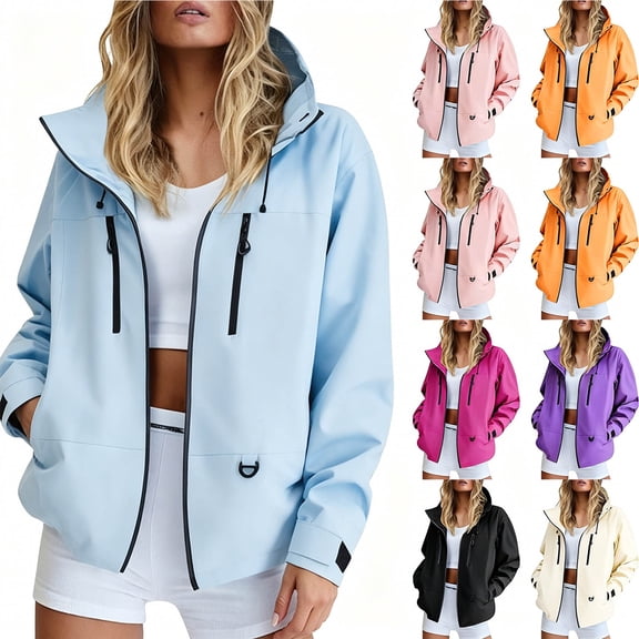 Yotami Rain Jackets Women, Zip-Up, Pocket, Solid Color, Drawstring, Lightweight Windbreaker Outerwear Hooded Raincoats Sizes S-XXL