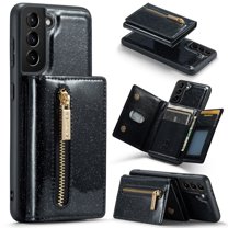 ELEHOLD Wallet Case for Samsung Galaxy S24 Plus Luxury Glitter Bling Leather Magnetic Detachable Card Slots Zipper Pocket Magnetic Clasp Kickstand Shockproof Purse Case,Black