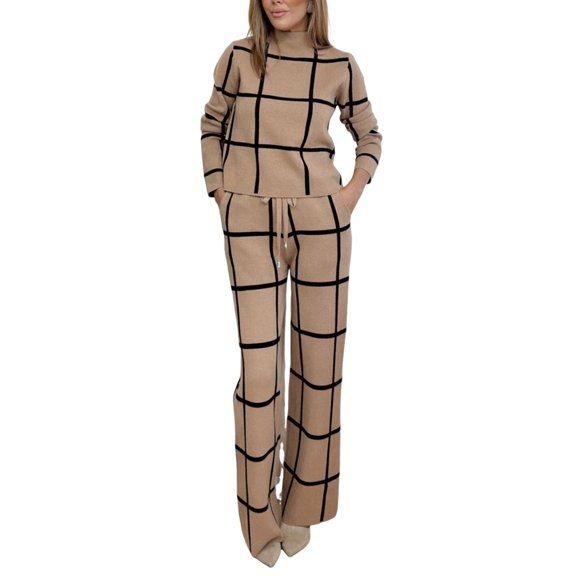 Quixlent 2 Pcs/Set Lady Top Pants Suit Half-high Collar Plaid Printing Long Sleeves Loose Blouse Elastic High Waist Wide Leg Trousers with Pockets OL Commuting Style Outfit
