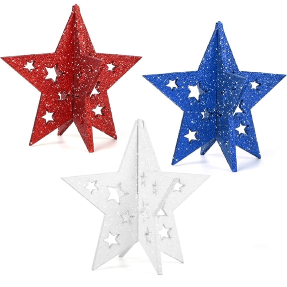 Yhmxh 4th of July Wood Stars Set of 3, Glitter Red White Blue Table Centerpieces Patriotic Star Table Signs for Tiered Tray Decor, Patriotic Decoration for Home Table Desk Door Shelf