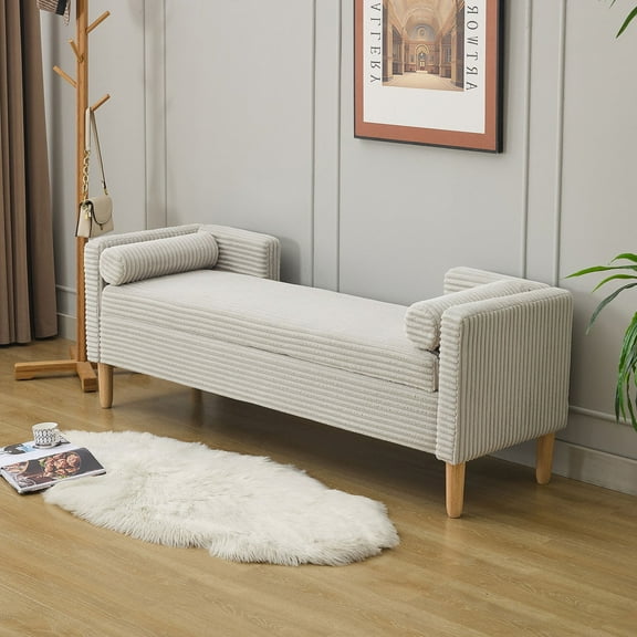 65 " Wide Beige Velvet Storage Bench with Armrests for Living Room, Entryway and Bedroom