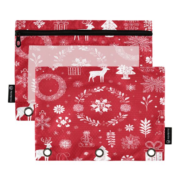 2 Pack 3 Ring Binder Pouch with Clear PVC Window Water Resistant Zipper Pencil Pouch Christmas-themed Pictorial Pattern Binder Pocket for Classroom Office Home Stationery Organization