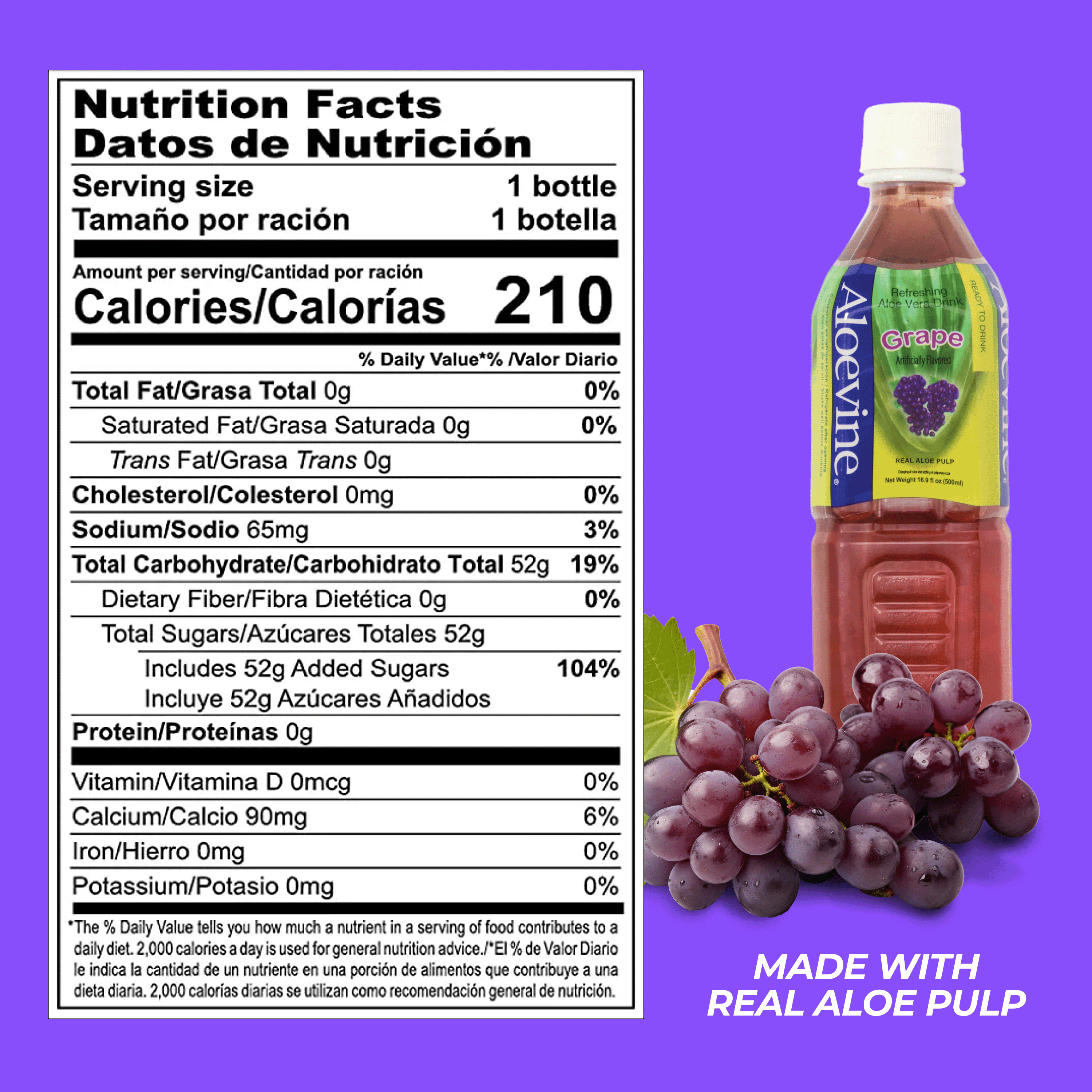 Aloevine Grape Aloe Vera Drink with Aloe Pulp, 16.9 fl oz, 10 Count Bottles
