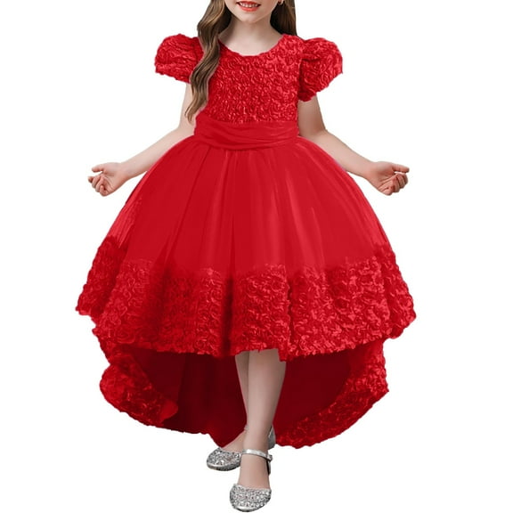 Kndvns Children Flower Girl Lace Wedding Party Formal Long Gown Dress Daily Red 9-10Y